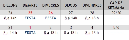 Horari Nadal seu de Barcelona